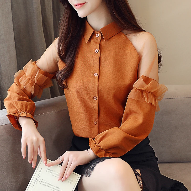 2018 Осенняя модная женская блузка шифоновые Женские топы и блузки сексуальные