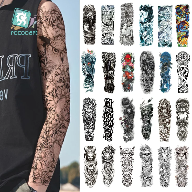 Rocooart Черная Мужская временная татуировка наклейка полная для боди-арта SleeveTattoo Сова череп дизайн Большая водонепроницаемая татуировка