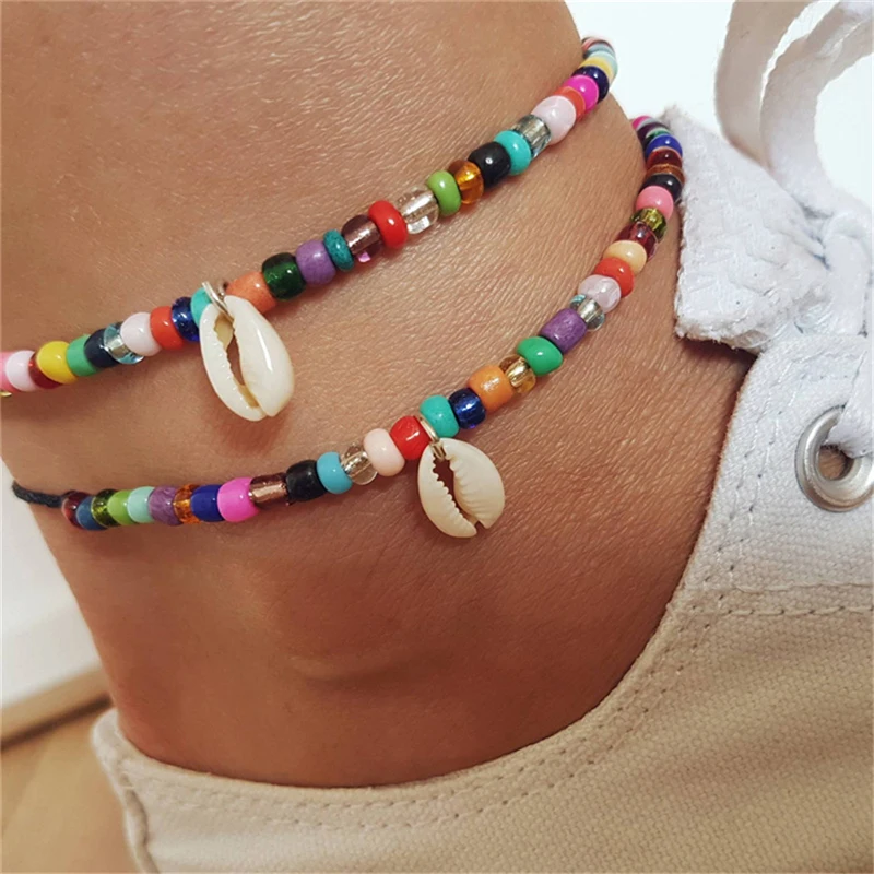 Boho Seashell ножной браслет, браслеты на лодыжку, красочные, из бисера, ножные браслеты для женщин, браслет на ногу, Летний пляж, ювелирные изделия для ног C4