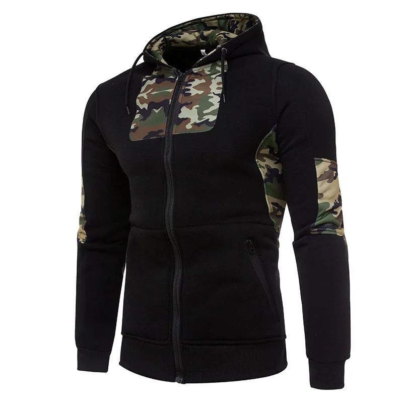 Vogue Hoodies Men Long Sleeve Camo Patchwork Hooded Sweatshirt Male Hoodie Casual Sportswear Balck Zipper Jacket | Мужская одежда