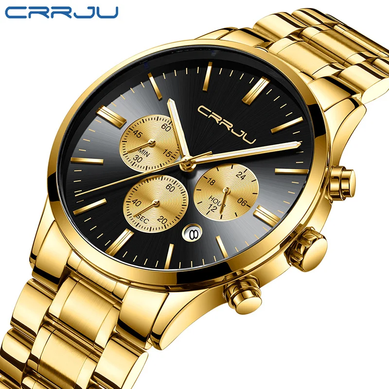 

CRRJU Top Luxury Brand Chronograph Ultra Thin Date Clock Male Gold Black Steel Strap Casual Quartz Watch Men Sport Wrist Watch