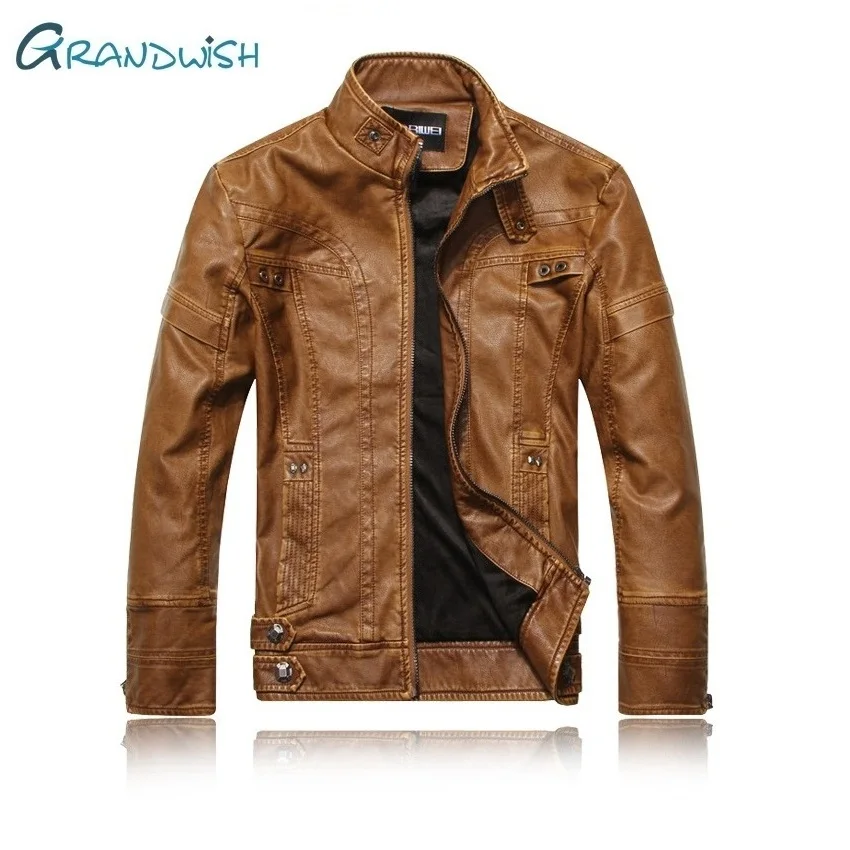 

Grandwish Winter Men Leather Jacket Plus Velvet Dropship Men's Faux Leather Coat Mandarin Collar Mens PU Motorcylce Jacket,ZA090