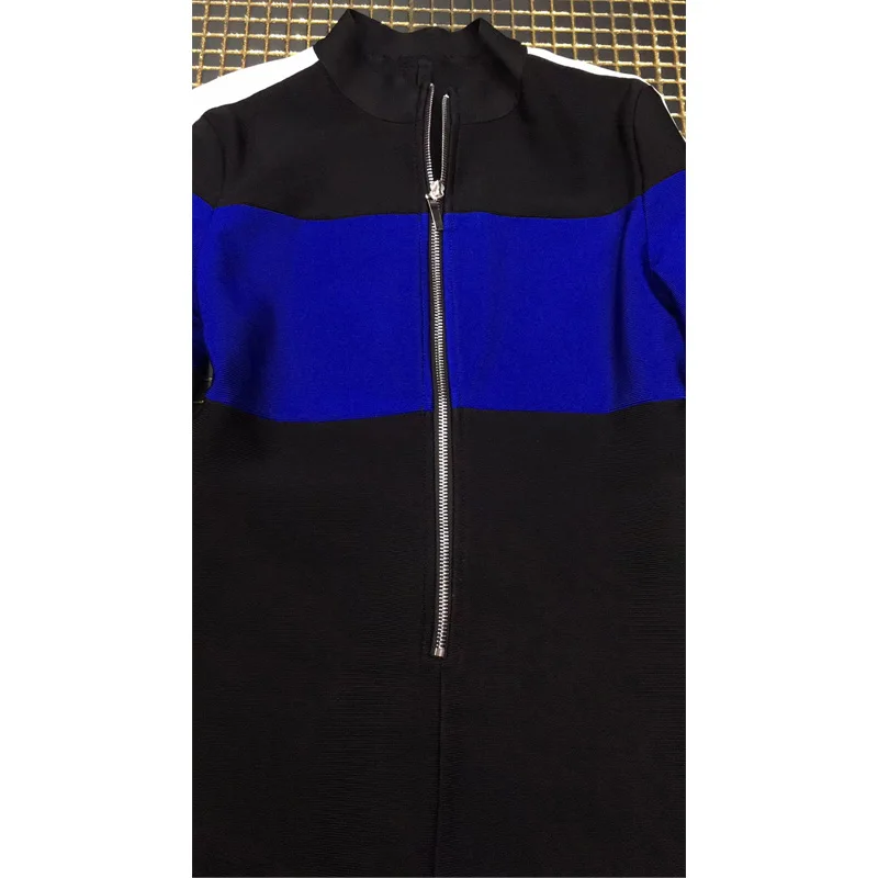 

New Fashion Black With Blue Patchwork Bandage Jumpsuti High Quality Women Long Sleeve Bodycon Stretch Casual Jumpsuits Wholesale