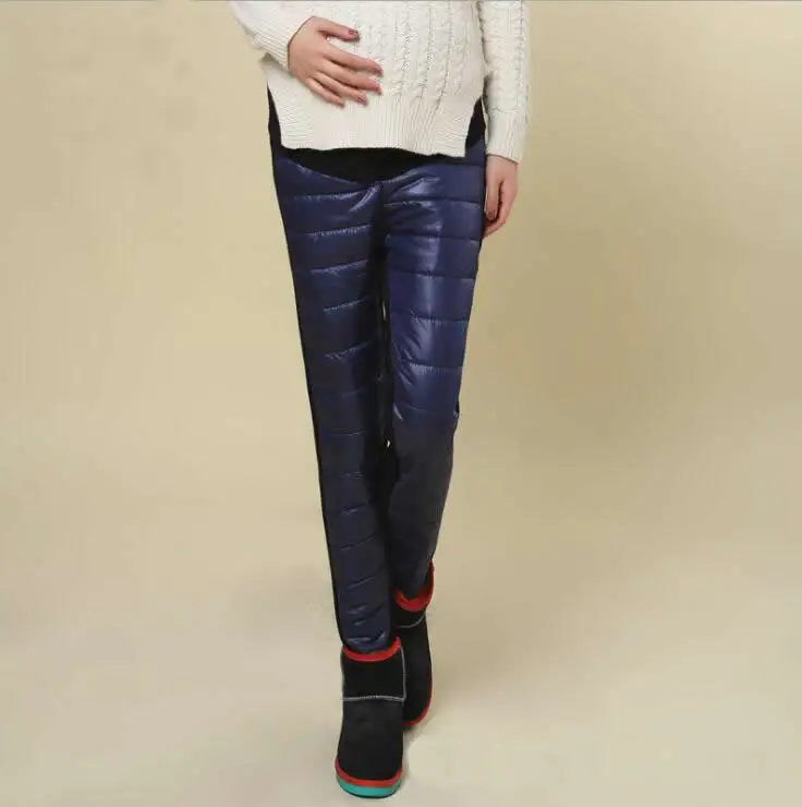 Женские зимние теплые плотные пуховые Брюки для беременных с высокой эластичной