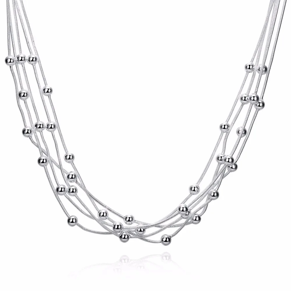 Temperament lady five line light bead silver necklace 18-inch contracted ball pendant fashionable snake chain | Украшения и