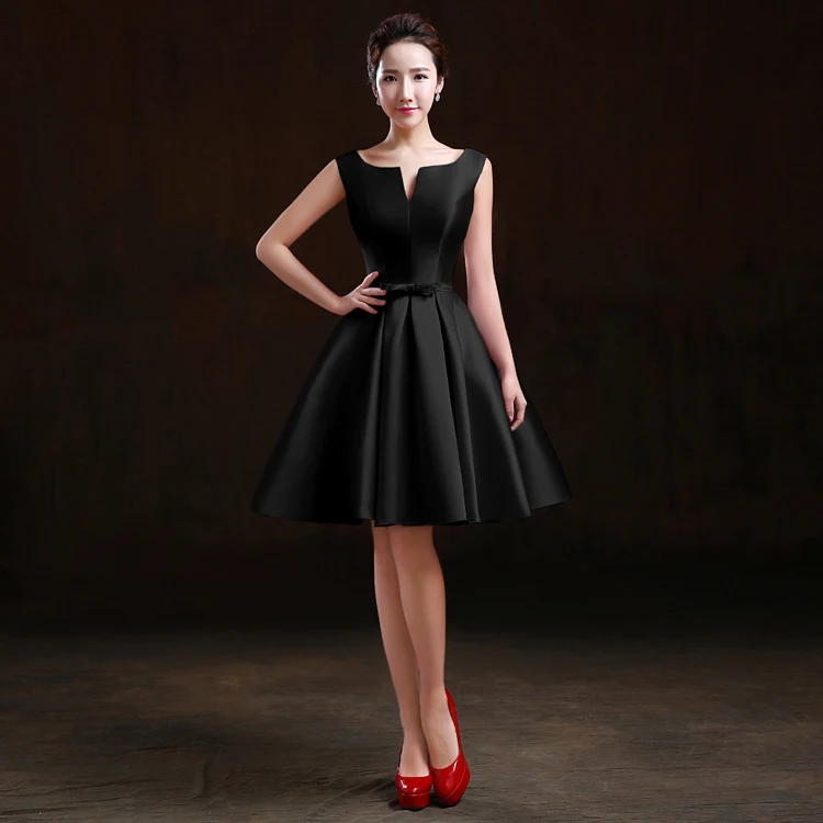 Robe De Soiree SSYFashion простой сатин без рукавов ТРАПЕЦИЕВИДНОЕ короткое коктейльное платье для невесты на заказ плюс размер Формальные платья - Цвет: Черный