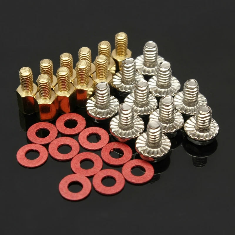 

10Pcs 6.5mm 6-32-M3 Computer Golden Motherboard Riser+Silver Screws + Red Washers