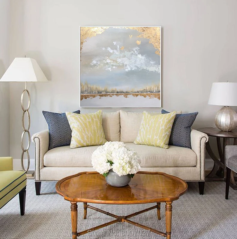 Hand Painted Landscape Oil Painting Gold and White Paintings Modern Golden Foil On Canvas For Living Room | Дом и сад