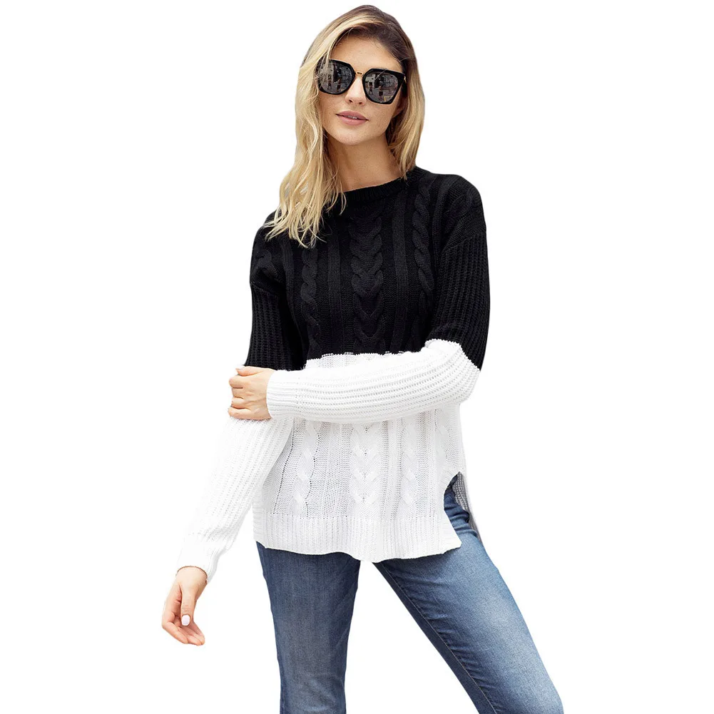 

2019 Sale Spandex Winter New Product Unique Hit Color Round Neck Long Sleeve Skirt Vent Knitting Pullover Will Code Sweater