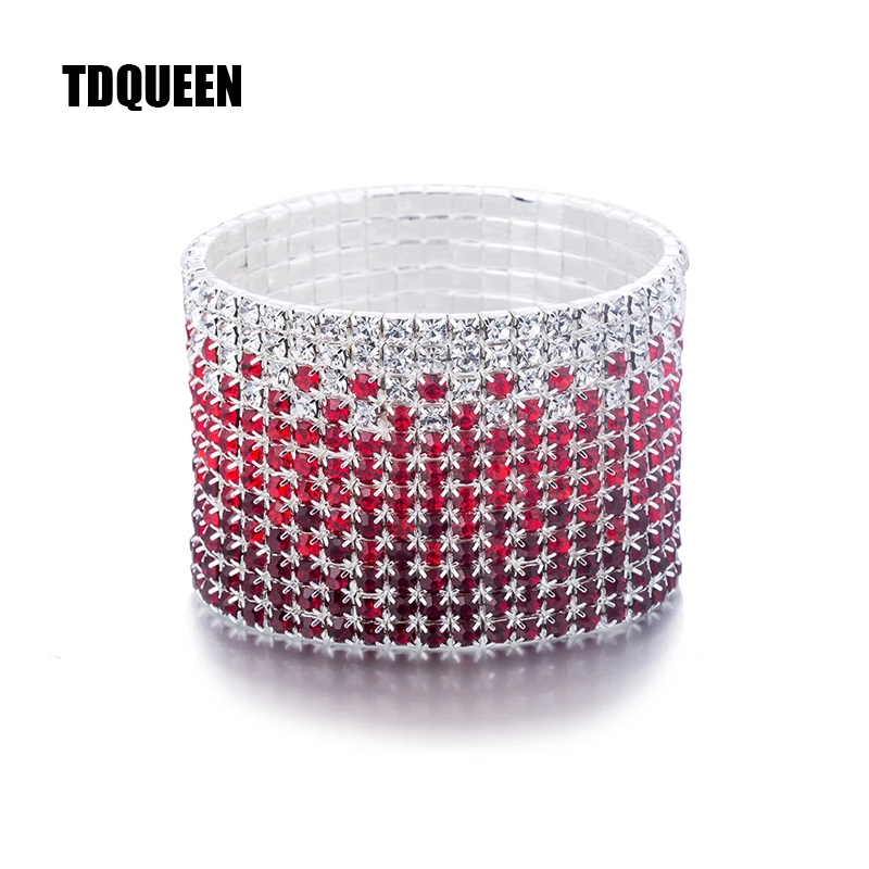 12 Rows Red and Clear Crystal Combination Wedding Bracelet Silver Plated Bridal Jewelry Rhinestone Stretch Bangles Bracelet