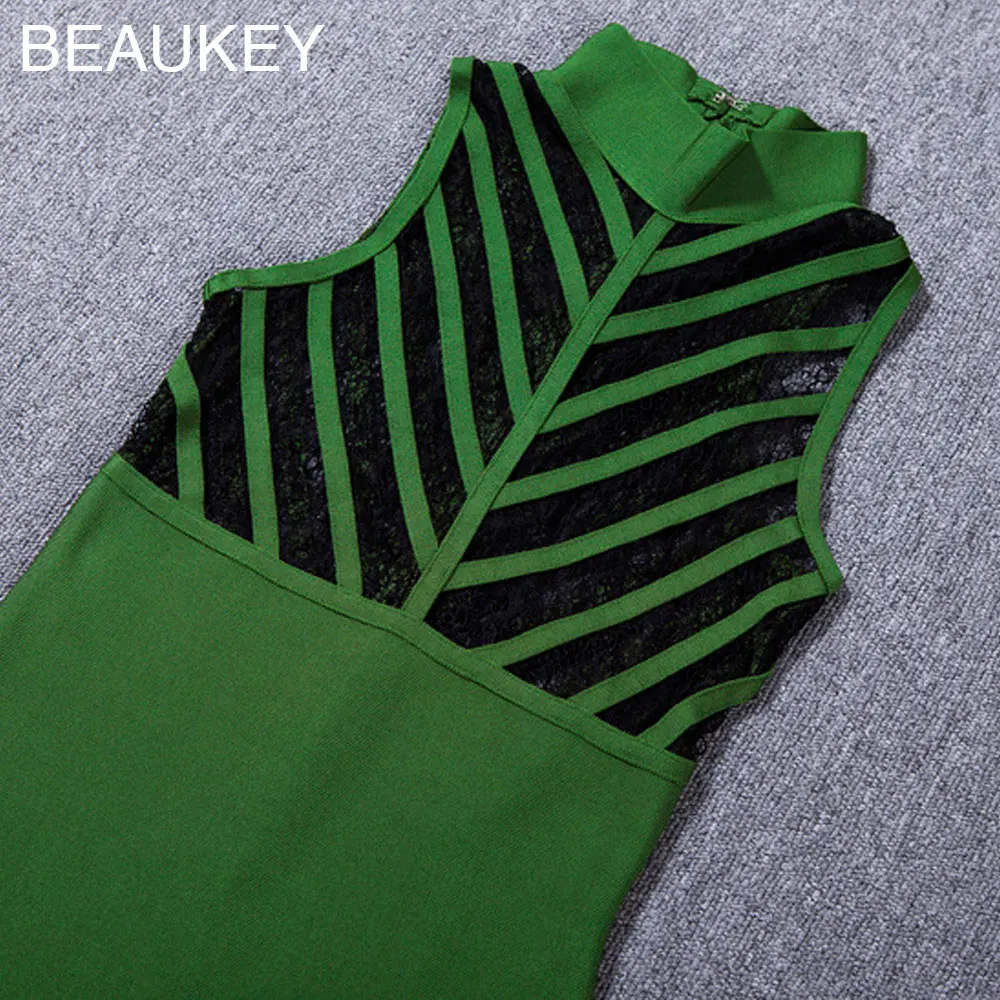 Женское облегающее платье до колен кружевное зеленое Бандажное без рукавов из