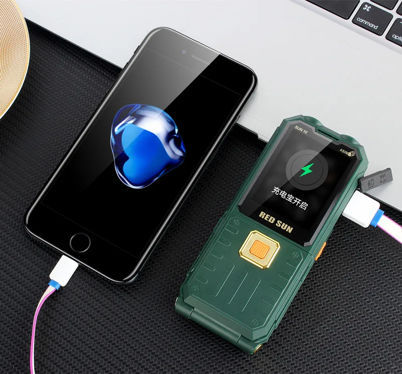 Внешний аккумулятор, флип, сотовый телефон, 4 sim-карты, SOS, громкий звук, mp3, bluetooth, факел, волшебный голос, мобильные телефоны, русская клавиатура, телефон