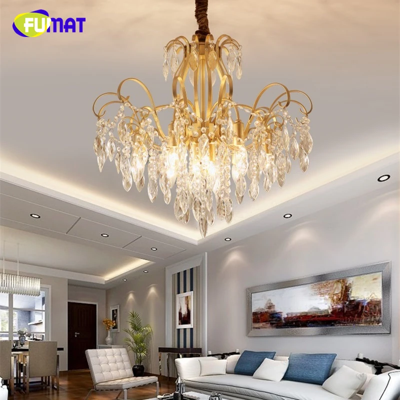 

FUMAT K9 Crystal Pendant Lamps Gold Iron Arts Lights Modern Hanglamp American Lighting Hang Lighting Fixture Living Room Lamp