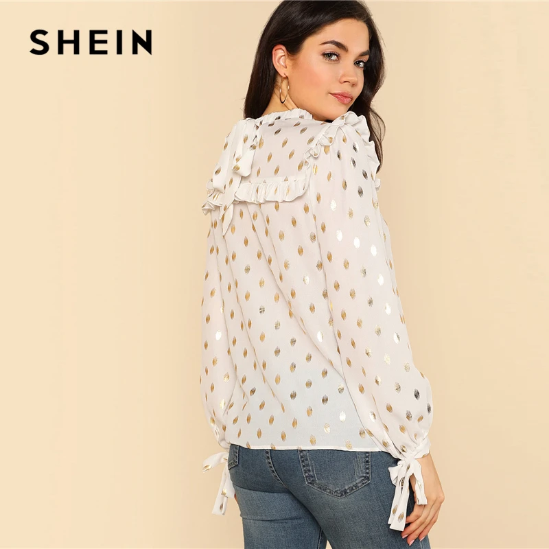 SHEIN Модный Топ С Принтом И Бантом Женская Весенняя Элегантная Блузка Со Стоячим Воротником И Длинными Рукавами