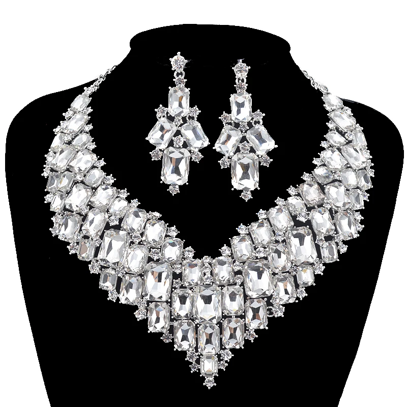Luxo dubai estilo conjuntos de jóias de casamento strass cristal nupcial prata colar brincos conjuntos feminino vestido de festa jóias