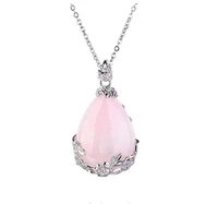 fyjs unique jewelry silver plated flower wrap water drop natural rose pink quartz pendant for women necklace