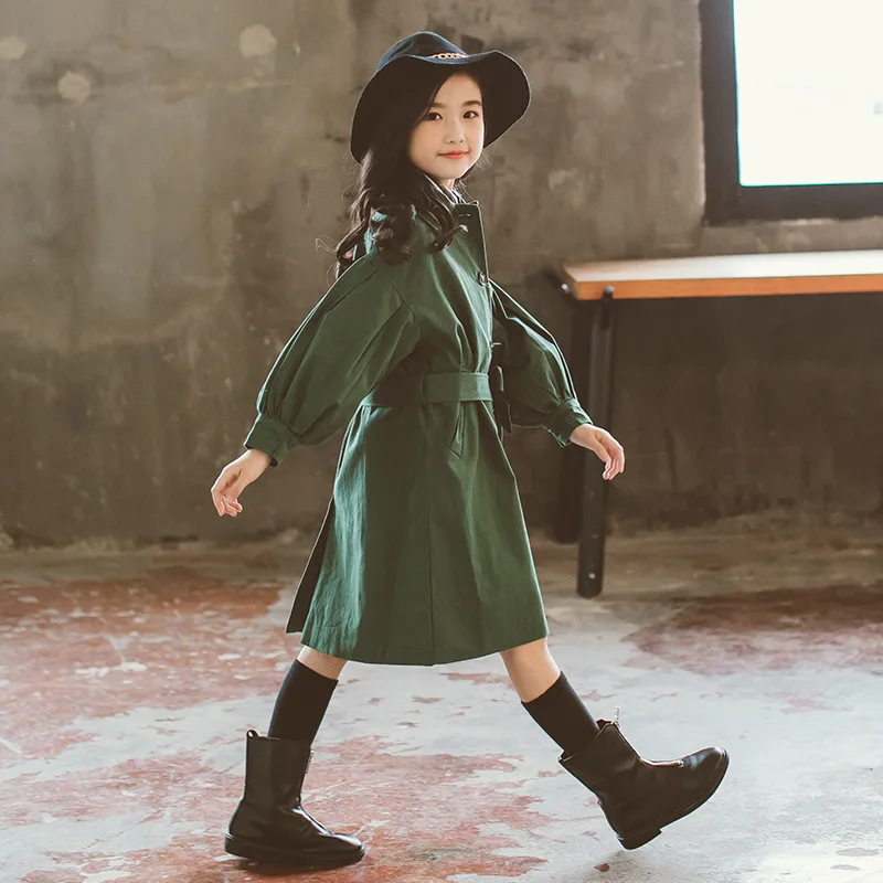 Khaki Green Long Belt Jackets For Teenage Boys Sleeve Trench Coat Kids Outerwear Top Clothing Children Jacket Baby Girl | Детская одежда