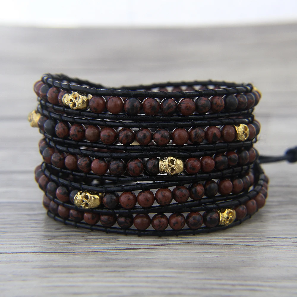 Женский кожаный браслет boho из красных бусин с золотым черепом для йоги Прямая