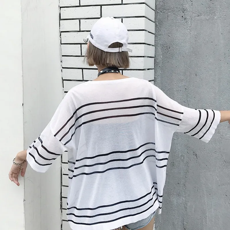 PLAMTEE Oversized Batwing Sleeve T-Shirts For Women Loose Summer Tops 2017 Fashion Striped Round Neck Female Knitted T Shirt | Женская