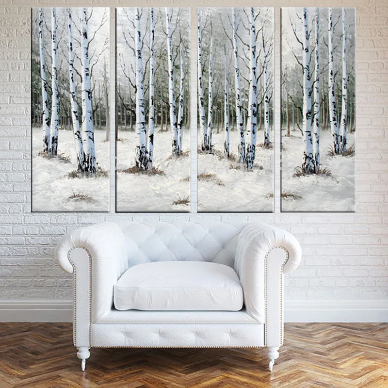 Winter Landscape Handmade White Birches Woods Oil Painting For Living Room Decoration House Furnishing Hotel Decor | Дом и сад