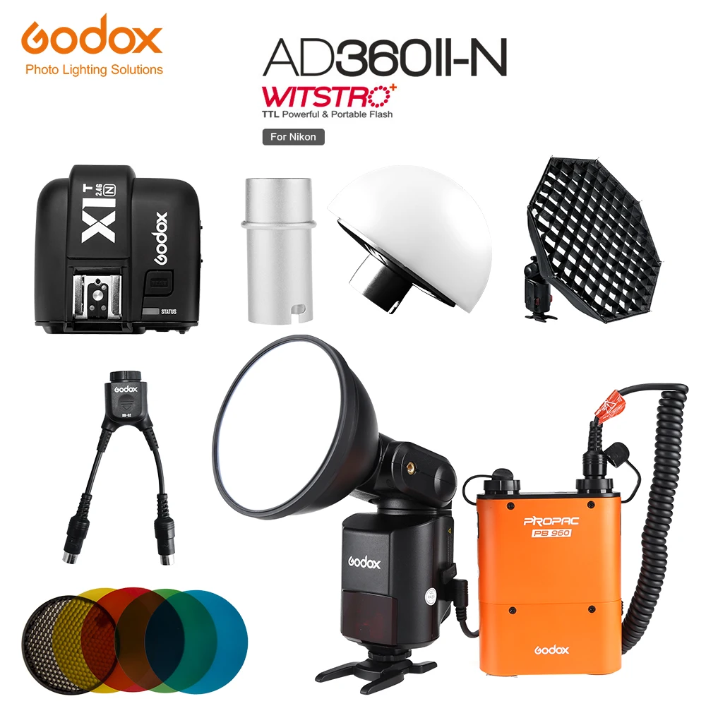 Внешняя Мощная Вспышка Godox Full Speedlite AD360II-N ttl+ PB960 power Pack оранжевый или черный+ X1T-N ttl передатчик+ AD-S7 софтбокс