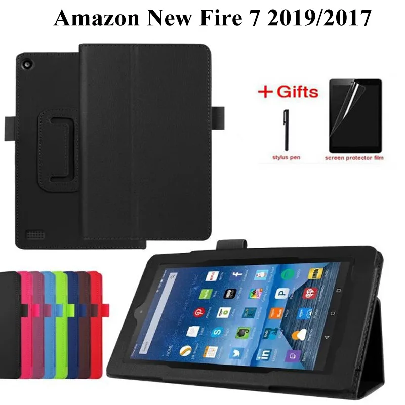 Litchee стиль PU кожаный чехол для Amazon Kindle Fire 7 смарт-Стенд чехол для Amazon New Fire 7 чехол для планшета+ пленка