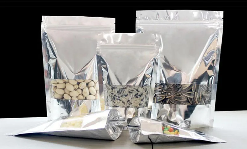 

100 Pack, Silver Clear Stand Up Aluminum Foil Zip Lock Bags Resealable Heat Seal Plastic Window Bag, Food Storage Packing Pouch