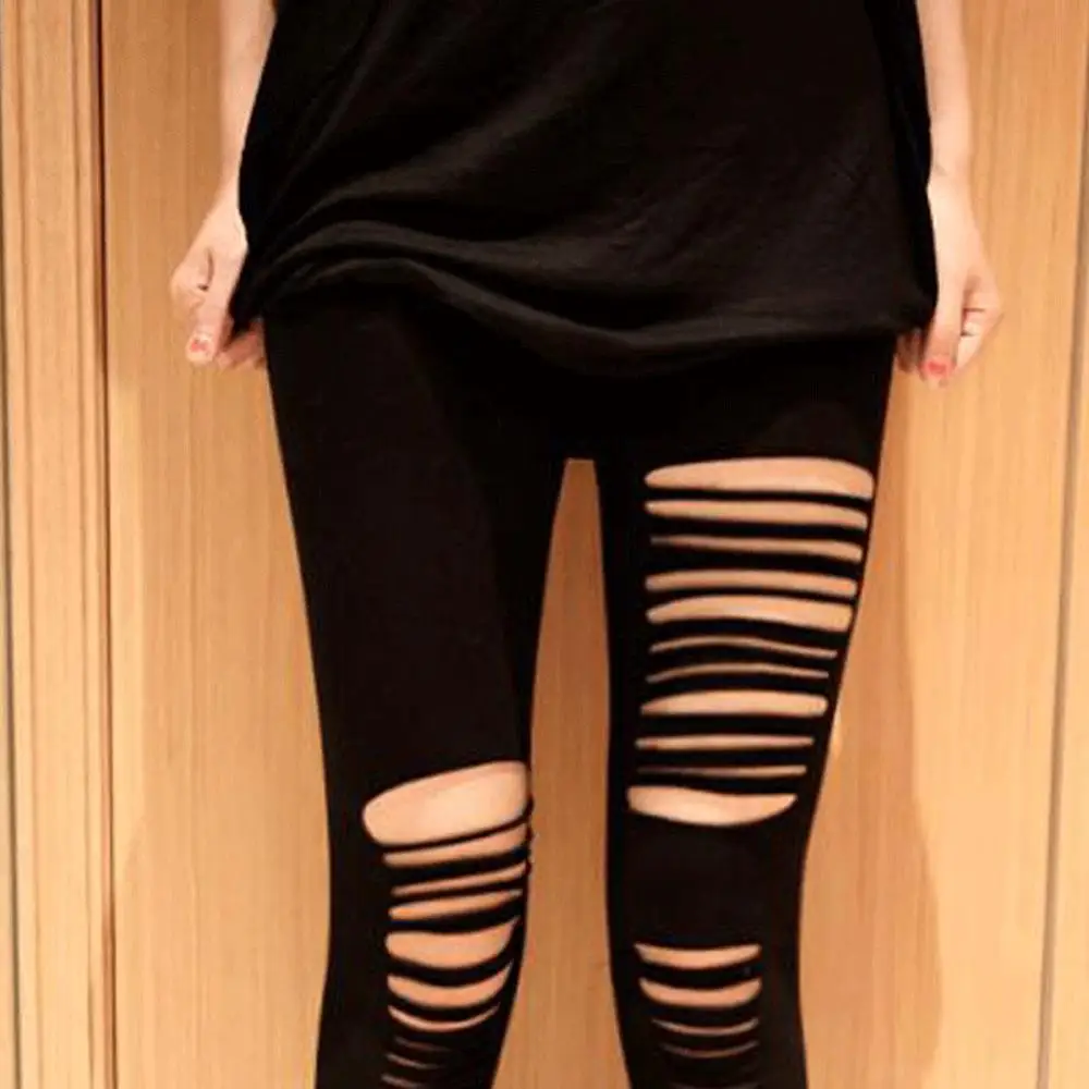 Сексуальные черные модные брюки карандаш с вырезами леггинсы в горизонтальную