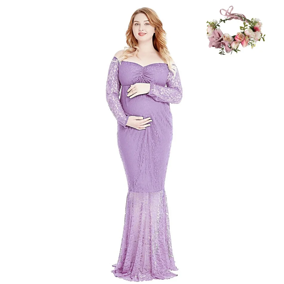 Dress 7 and Garland VOGUEON Для женщин с открытыми плечами длинное платье для беременных для фотографии кружевное вечернее платье леди Baby Shower беременных Костюмы для фото - Цвет: Dress 7 and Garland