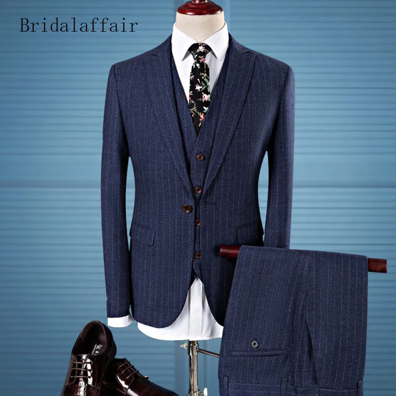 Bridalaffair Мужской комплект из 3 предметов Королевский синий костюм в полоску