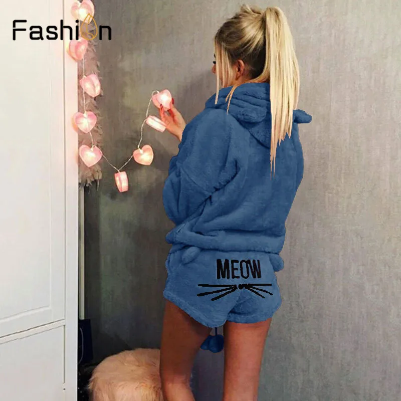 Женский бархатный костюм кораллового цвета размера плюс 5XL, осенне-зимняя пижама из двух частей, теплая одежда для сна, комплект из толстовки и шорт с милым рисунком кота Мяу