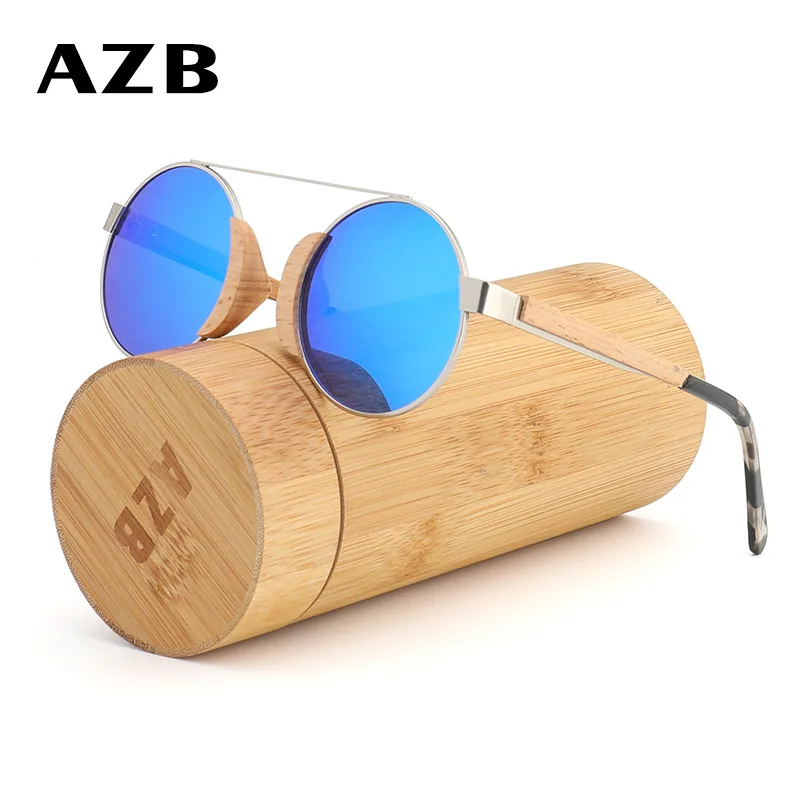 AZB, круглые бамбуковые солнцезащитные очки, поляризационные, стимпанк, солнцезащитные очки для мужчин и женщин, деревянные,, УФ-защита, солнцезащитные очки