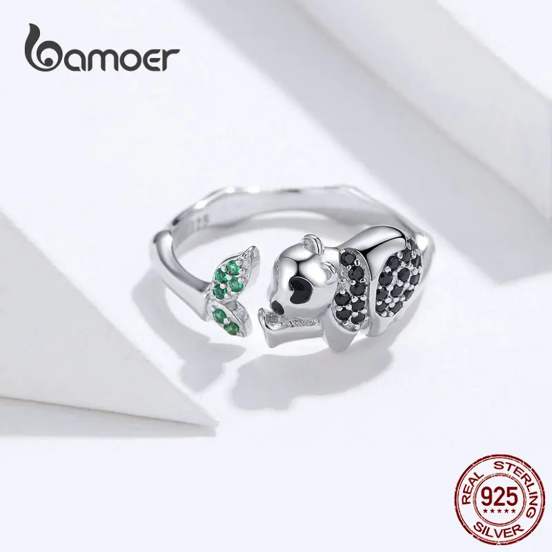 Bamoer Panda и Bamboo кольцо на палец, 925 пробы, серебряный лист и животное, регулируемые кольца для женщин, AAA CZ дизайн, Bijoux BSR055