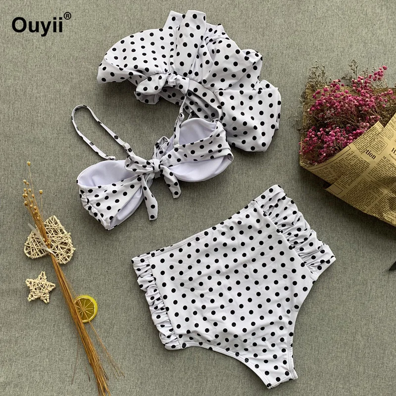 Женский купальник бикини в горошек с оборками и рукавами крылышками высокой