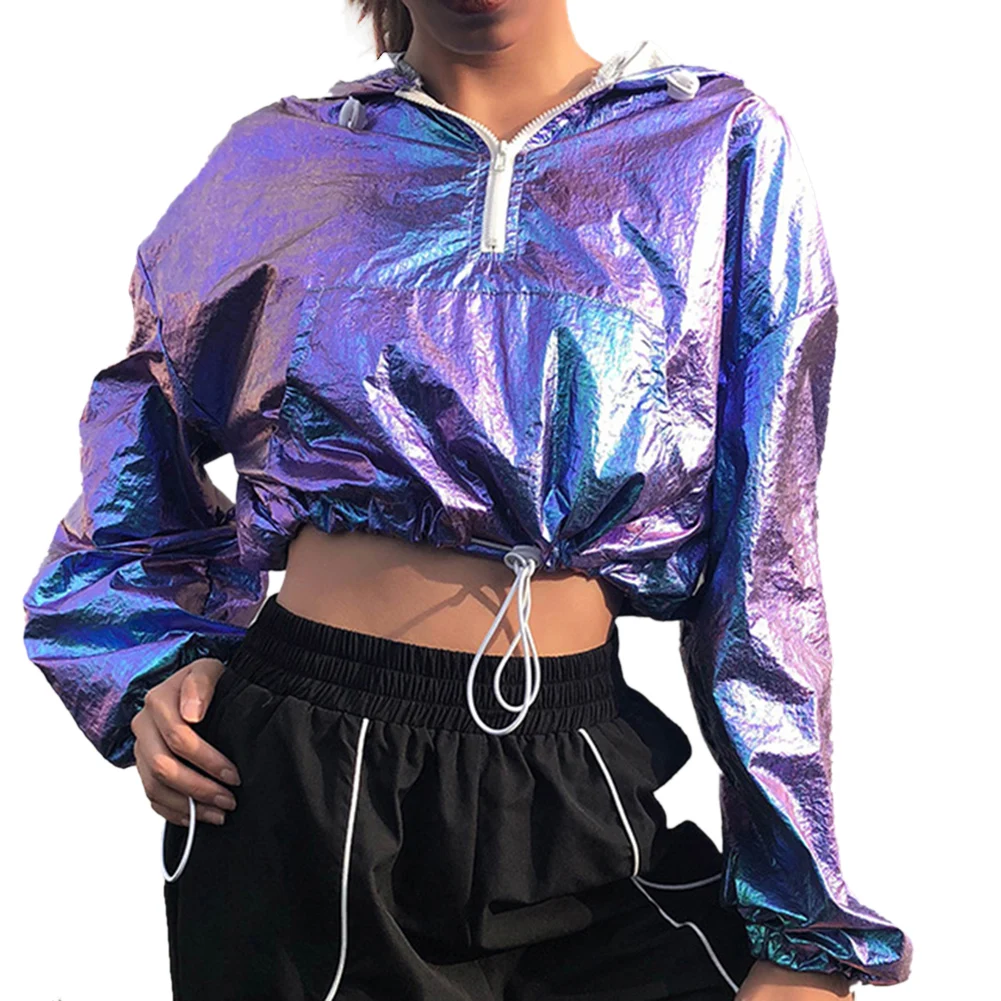 Блестящая Лазерная толстовка с капюшоном женский укороченный топ Модный жакет