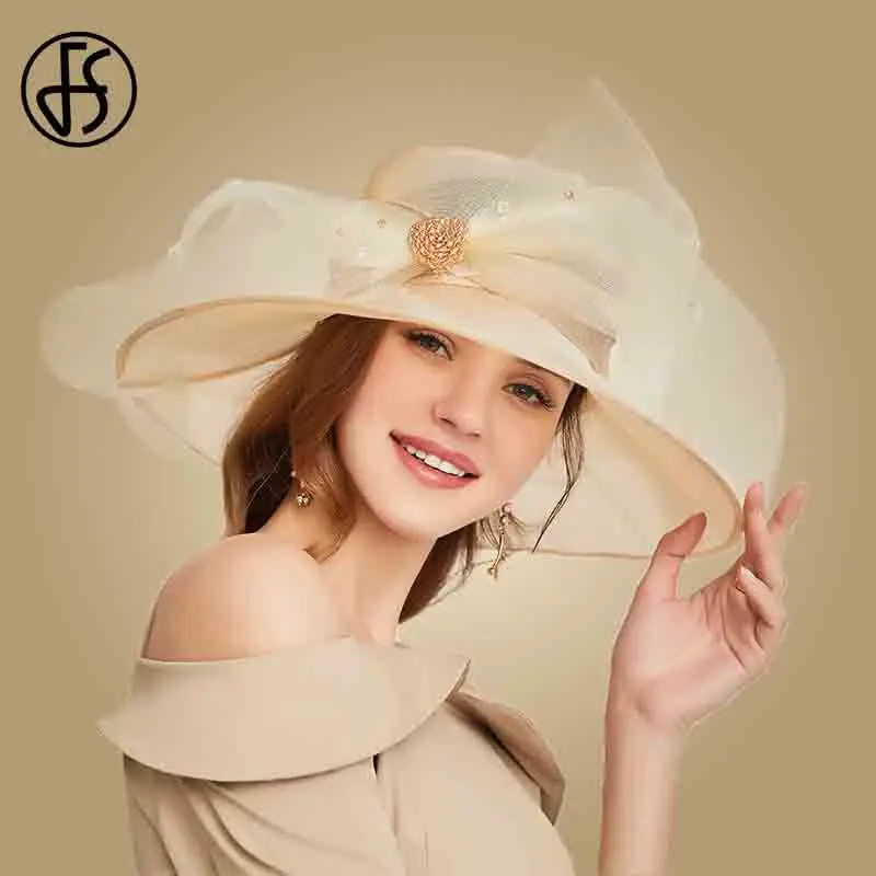 FS Beige White Organza Wide Brim Sun Hats For Women Church Hats Women Elegant Kentucky Derby Hat Ladies Big Bow Fedora