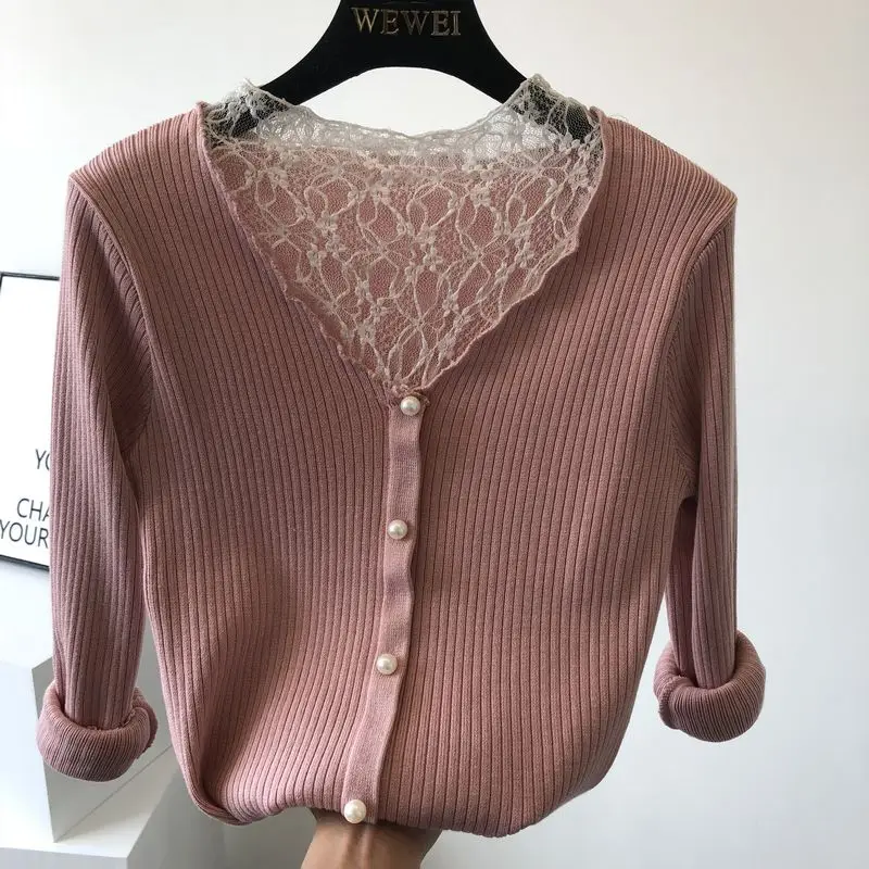 ALPHALMODA Sexy Lace Patchwork Sweater Single Breasted Slim Women Sweet Jumper V-neck Graceful Fall Winter Knitted Top | Женская одежда