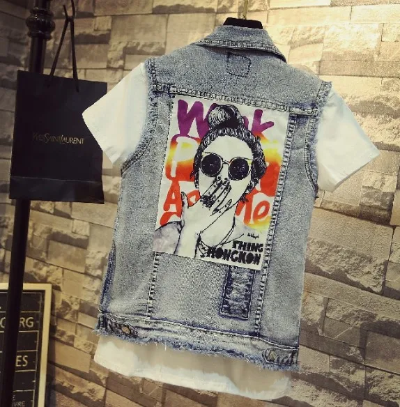 Женский джинсовый жилет с принтом повседневный из денима для девушек и студенток