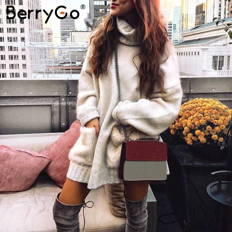 BerryGo винтажное теплое платье свитер с высоким воротом женское лоскутное вязаное
