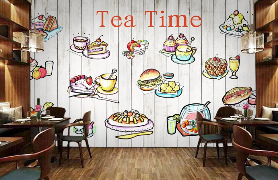 Обои деревянные на заказ ручная роспись иконы еды 3D Мультяшные фрески для кафе
