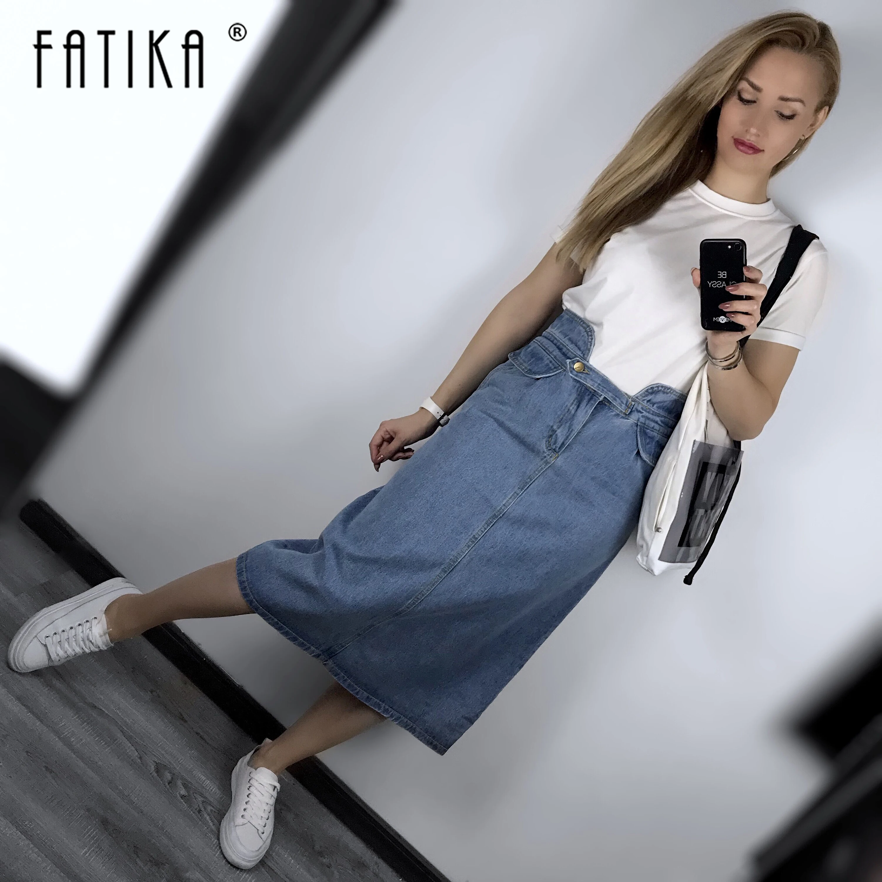Женская джинсовая юбка FATIKA Повседневная Уличная Юбка До Колена с высокой талией