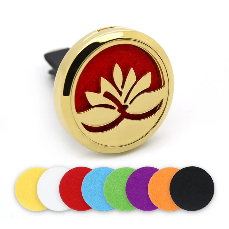 

30MM Gold Magnet Stainless Steel Lotus Car Essential Oil Aromatherapy Locket Car Perfume Diffuser Locket With Felt Pads