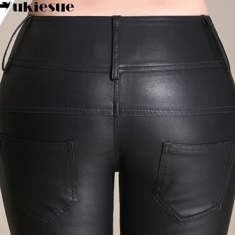 Женские брюки из искусственной кожи с высокой талией 2018 зимние теплые флисовые