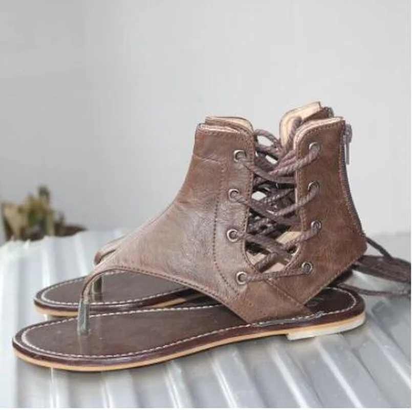 

2019 Summer New Gladiator Sandals Female Bohemia Flat Thong Vintage Women Shoes Woman Lace Up Beach Flat Sandals Plus Size 35-43