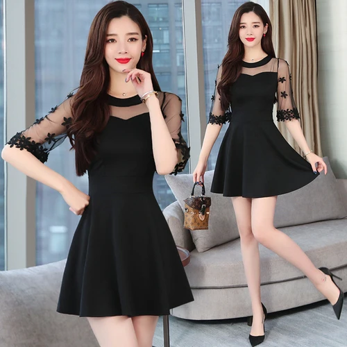 Популярное милое женское платье с рукавом до локтя ТРАПЕЦИЕВИДНОЕ черное длиной