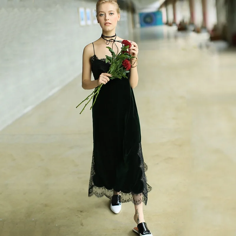 Винтаж Для женщин кружевное платье с v-образным вырезом Бархатное на бретельках