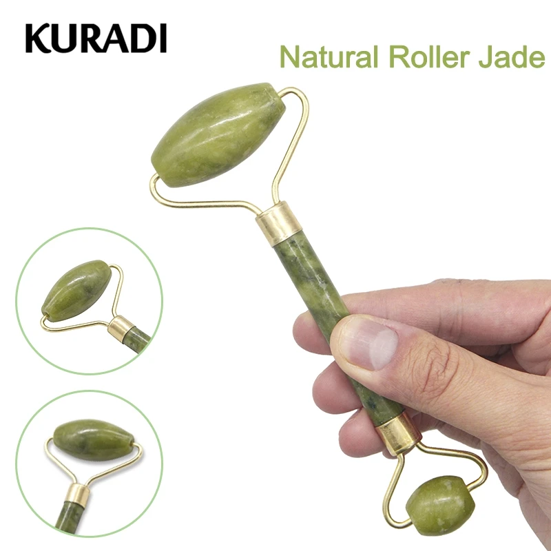 KURADI, двойная головка, зеленый китайский роликовый массажер для лица, Нефритовый камень, гуаша, для похудения, для тела, головы, шеи, натуральный массажный инструмент