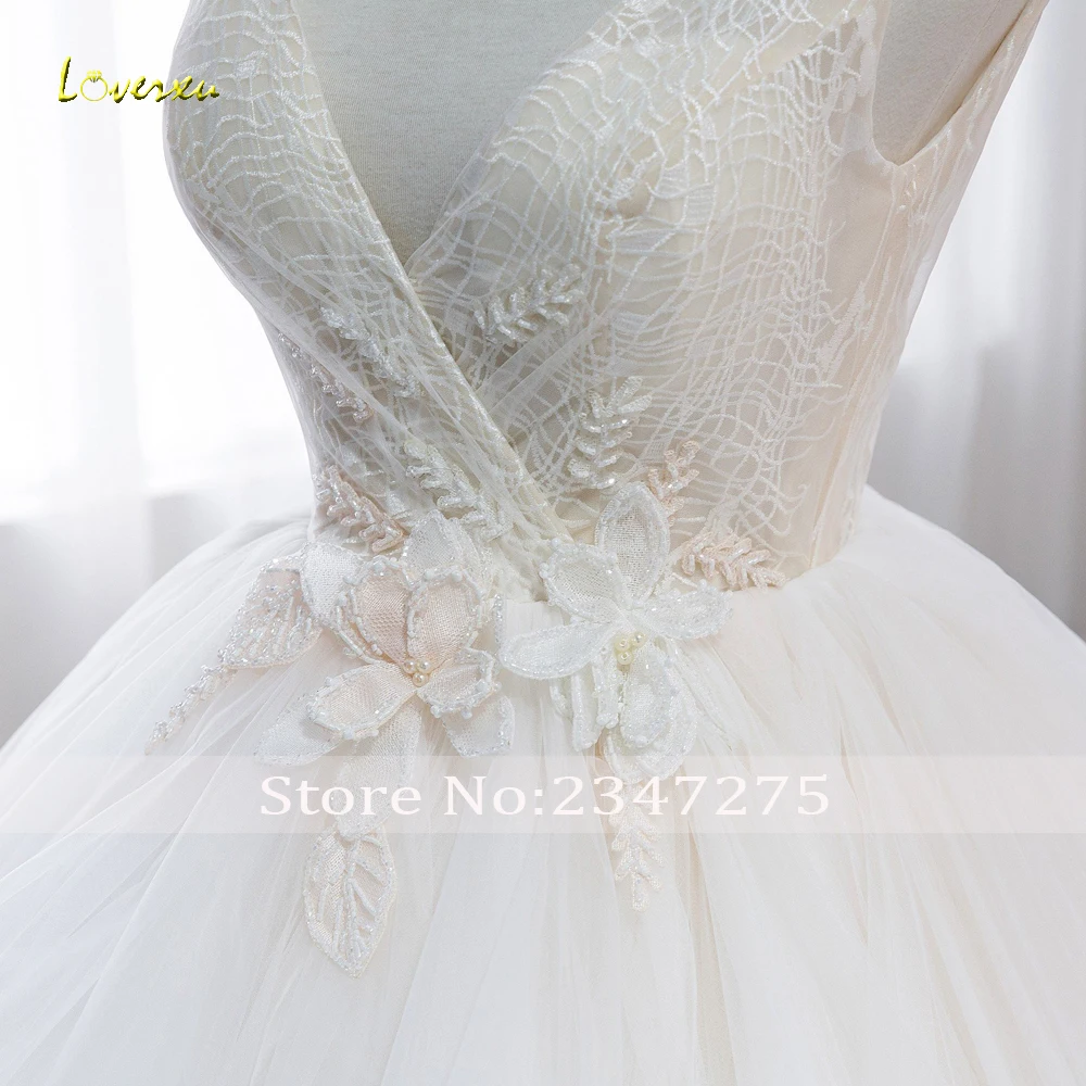 Loverxu Vestido De Noiva бальное платье с оборками свадебное платье Элегантное свадебное платье с v-образным вырезом свадебный букет со шлейфом, кружевное винтажное свадебное платье