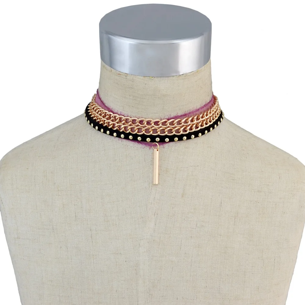 4 Шт./компл. Панк Черная Кожа Золото Проба Цепи Шарм Роза Ткань Воротник Короткие