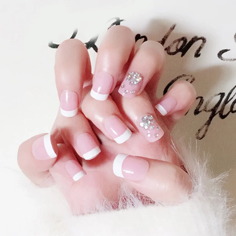 24 шт. накладные ногти французский дизайн полное покрытие с клеем розовый и белый